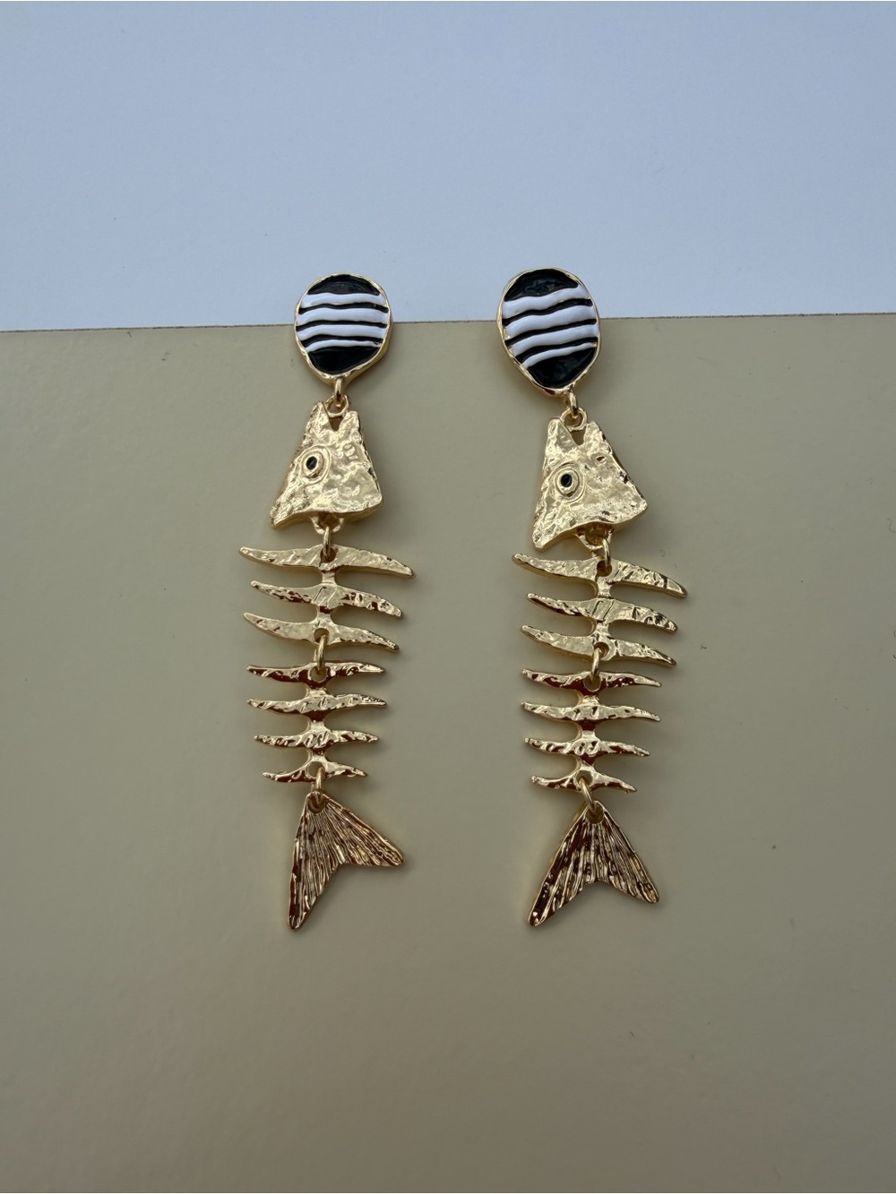 Gold Fishbone Drop Earrings with Black & White Enamel